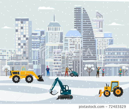 Winter city landscape with plow trucks cleaning snow. Cartoon poster Winter city landscape with plow trucks cleaning snow. Cartoon poster 72483829