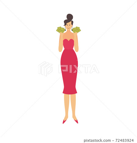 Financial successful rich woman holding green money bills a vector illustration. Financial successful rich woman holding green money bills a vector illustration. 72483924