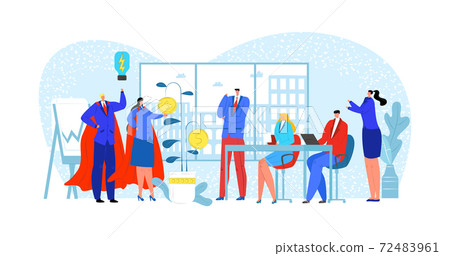 Solution in cartoon office, people work at success technology vector illustration. Flat business team with man woman super hero Solution in cartoon office, people work at success technology vector illustration. Flat business team with man woman super hero 72483961