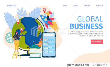 Global business, people at globe world concept landing page vector illustration. Businessman woman character at flat world map Global business, people at globe world concept landing page vector illustration. Businessman woman character at flat world map 72483963