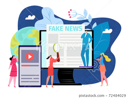 Online internet fake news, information at computer vector illustration. People use social media website at flat laptop, digital communication Online internet fake news, information at computer vector illustration. People use social media website at flat laptop, digital communication 72484029