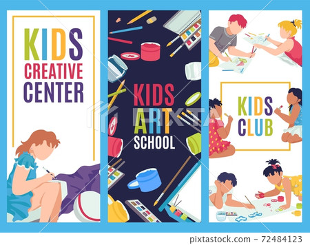 Art school, paint hobby for kids character with watercolor, pencil poster set, vector illustration. Craft education, creativity drawing by paintbrush. 72484123