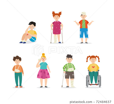 A set of characters of crying kids with painful injuries a vector illustrations. A set of characters of crying kids with painful injuries a vector illustrations. 72484637