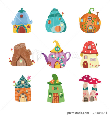 Fantasy houses with flowers for gnome or elf a set of vector illustrations. Fantasy houses with flowers for gnome or elf a set of vector illustrations. 72484651