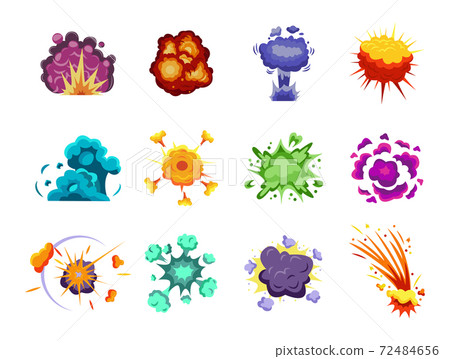 Vector set of colorful cartoon explosive bombs effects, atomic, cosmic explodes. 72484656