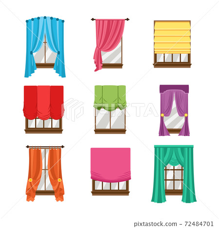 Collection of window blinds, curtains, drapery and shades a vector illustrations 72484701