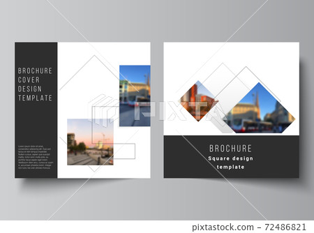 Vector layout of two square format covers design templates with geometric simple shapes, lines and photo place for brochure, flyer, magazine, cover design, book, brochure cover. 72486821