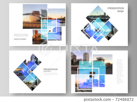 The minimalistic abstract vector illustration of the editable layout of the presentation slides design business templates. Creative trendy style mockups, blue color trendy design backgrounds. 72486872