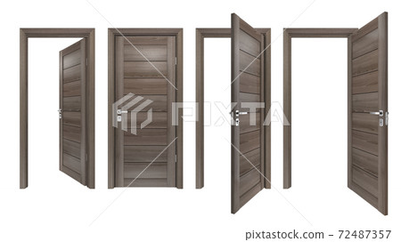 Set of modern, solid hard wood, single, 3D realistic entrances. Front view of closed and open intside, outside doors with grey oak wooden planks 72487357