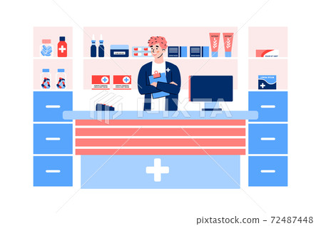 Interior of pharmacy store for buying or online ordering of medication Interior of pharmacy store for buying or online ordering of medication 72487448