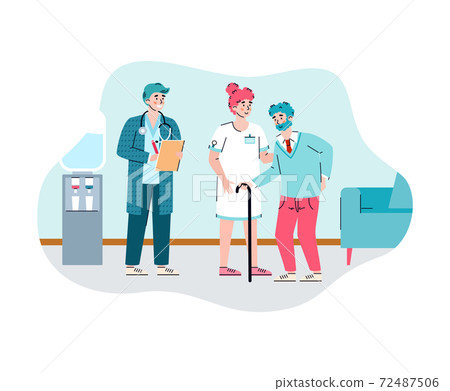 Female nurse help elderly male in nursing home a vector flat illustration. 72487506