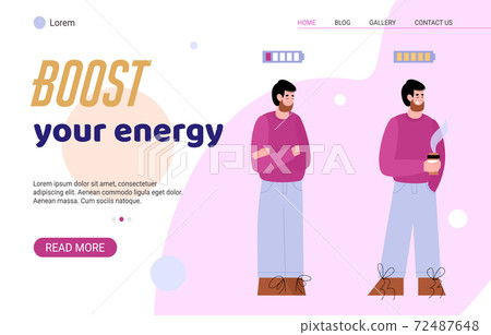 Boost your energy site with active and exhausted man cartoon vector illustration. 72487648