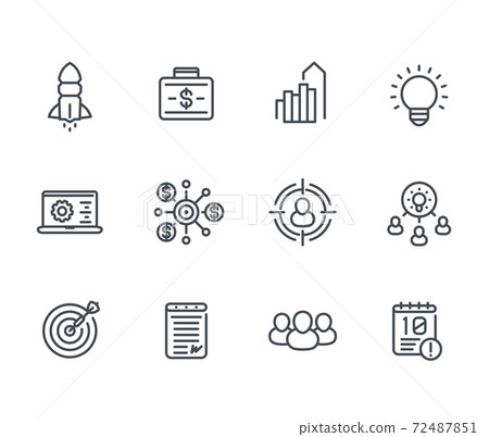 startup line icons, product launch, funding 72487851