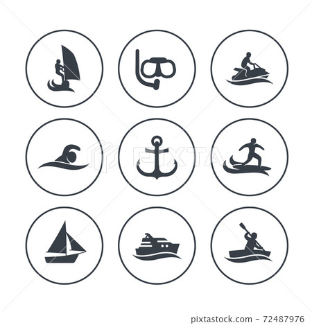 water sports icons, surfing, sailing, diving 72487976
