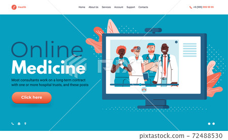 Online medicine website mockup with doctors cartoon vector illustration. Online medicine website mockup with doctors cartoon vector illustration. 72488530