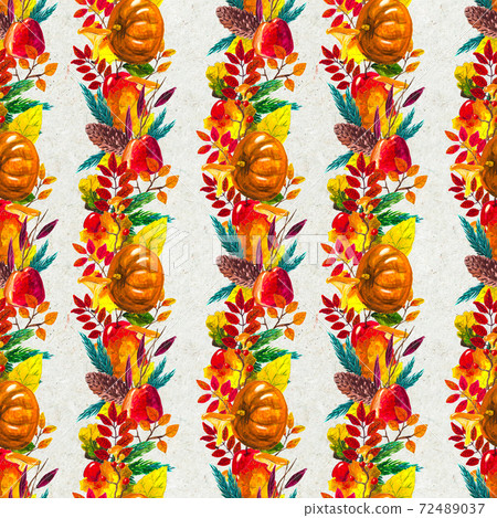Autumn watercolor hand drawn seamless pattern with leaves mushrooms and pine cones Autumn watercolor hand drawn seamless pattern with leaves mushrooms and pine cones 72489037