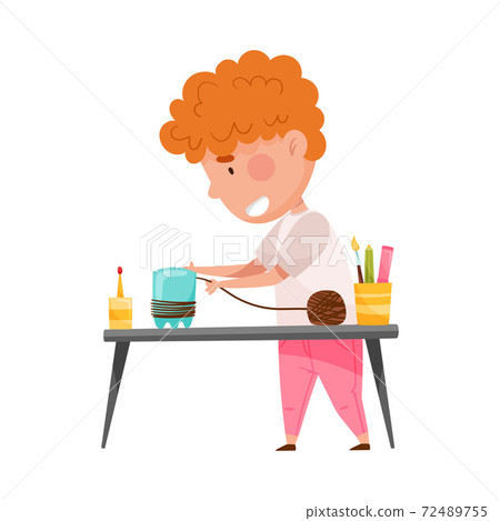 Creative Boy at Desk Crafting from Used Plastic Bottle Vector Illustration 72489755
