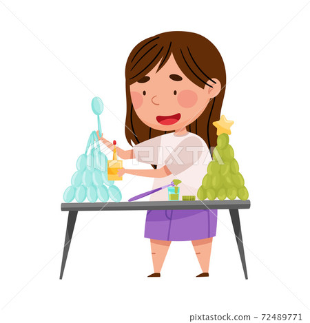Little Girl Crafting from Disposable Spoons Sticking with Glue Vector Illustration Little Girl Crafting from Disposable Spoons Sticking with Glue Vector Illustration 72489771