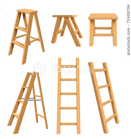 Wooden ladders. Interior household equipment standing on tools for home library step ladder for bookshelf vector realistic illustrations Wooden ladders. Interior household equipment standing on tools for home library step ladder for bookshelf vector realistic illustrations 72489784
