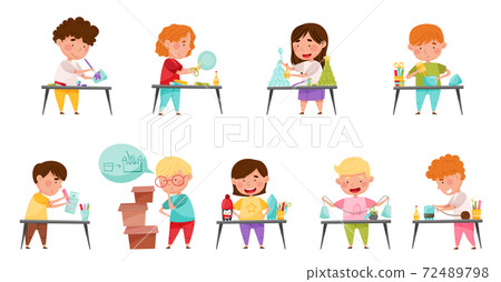 Inventive Kids Engaged in Upcycling Reusing Recyclable Materials Vector Set Inventive Kids Engaged in Upcycling Reusing Recyclable Materials Vector Set 72489798
