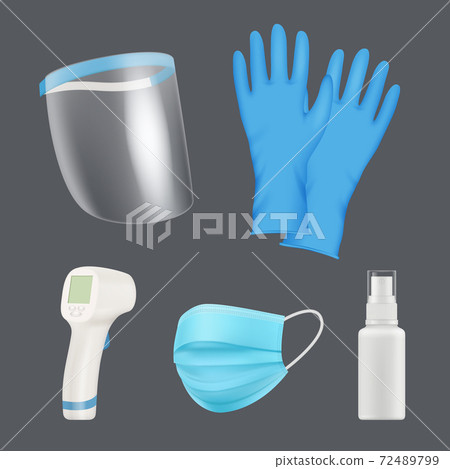 Self protection equipment. Realistic medical tools face shield mask thermometer coronavirus preventative vector elements Self protection equipment. Realistic medical tools face shield mask thermometer coronavirus preventative vector elements 72489799