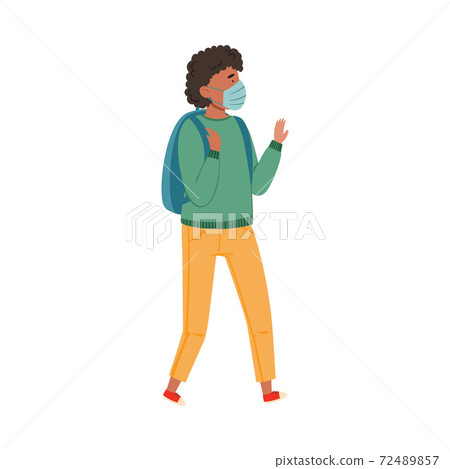 African American Teenager Boy with Backpack Wearing Medical Face Mask Walking Outdoor Vector Illustration 72489857