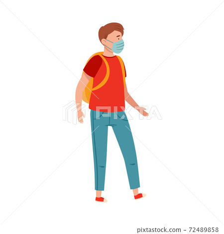 Teenager Boy with Backpack Wearing Medical Face Mask Walking Outdoor Vector Illustration 72489858