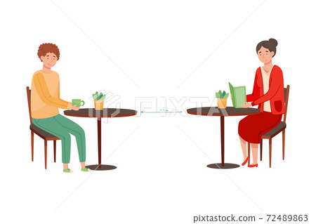 People Characters Sitting at Cafe Table Social Distancing Vector Illustration 72489863
