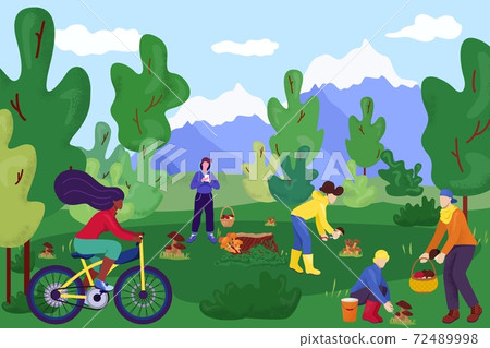 Mushroom harvest at outdoor forest, vector illustration. Cartoon people character leisure at nature, flat man woman picking mushroom. 72489998