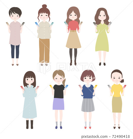 一組雙手微笑著智能手機的年輕女性[無主線] 72490418