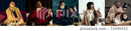 Young people wrapped in a plaid looks sick, ill, sneezing and coughing sitting at home indoors 72490432