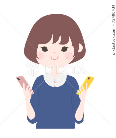 一名年輕女子雙手捧著智能手機，上身[無主線] 72490434