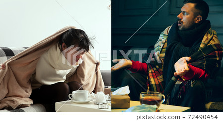 Collage of ill woman feeling sick and healthy man avoiding virus spreading with panic 72490454