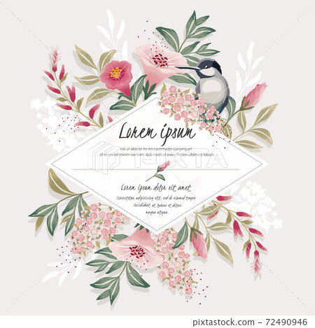 Vector illustration with a cute bird on a floral branch in spring for Wedding, anniversary, birthday and party. Design for banner, poster, card, invitation and scrapbook  72490946
