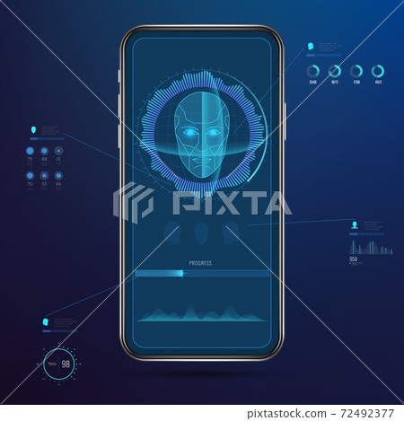 Face id. Facial recognition technology, portrait scan and identity protection. 3d mobile phone scanner, personal identification and security access vector illustration Face id. Facial recognition technology, portrait scan and identity protection. 3d mobile phone scanner, personal identification and security access vector illustration 72492377