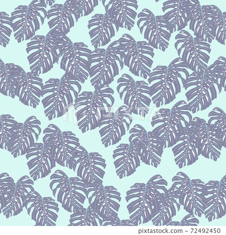 Little purple random monstera ornament seamless pattern. Light pastel blue background. Little purple random monstera ornament seamless pattern. Light pastel blue background. 72492450