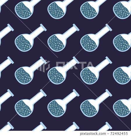 Blue colored flask seamless doodle pattern. Navy blue background. Chemical style print. 72492455