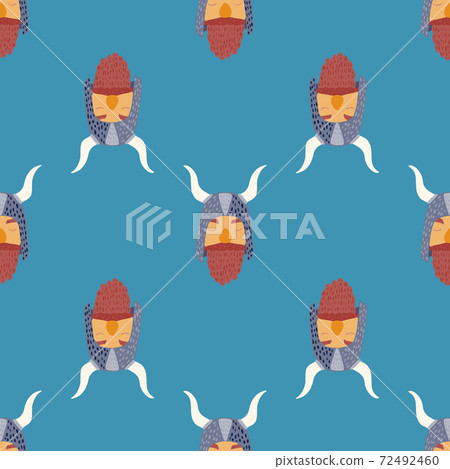 Bright seamless doodle pattern with kids boy norway viking man. Blue background. Bright seamless doodle pattern with kids boy norway viking man. Blue background. 72492460