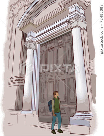 Colourful illustration of tourist stay near old door with columns Colourful illustration of tourist stay near old door with columns 72493098