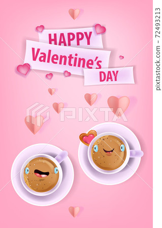 Happy Valentines Day love greeting card with kawaii coffee cups with smiling faces, papercut hearts Happy Valentines Day love greeting card with kawaii coffee cups with smiling faces, papercut hearts 72493213
