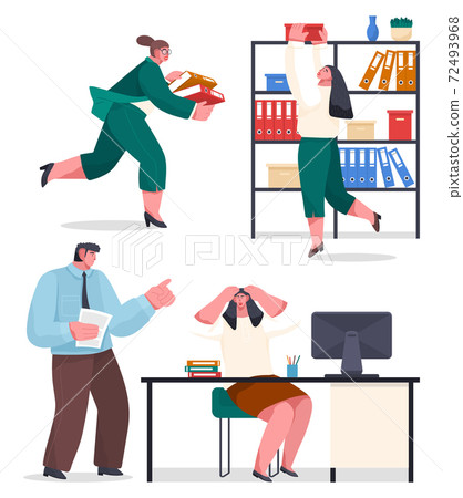 Chaos in office, confused office workers, woman with folders running, serching archive files in box 72493968