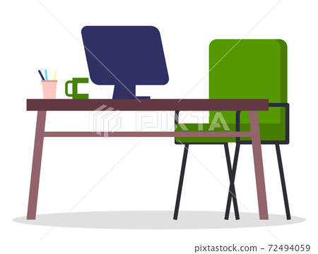 Table, chair, candy bar, stationery supplies. Office or home interior. Work from home remotely 72494059