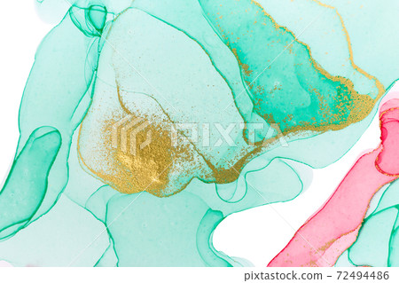 Alcohol ink pink, green and gold abstract stains. Drops watercolor transparent texture. 72494486