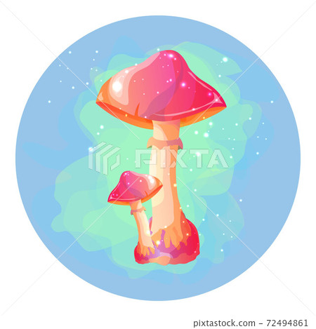 Magic mushrooms on a blue background in a circle. Boletus, fireflies and fog. Nice sticker. 72494861