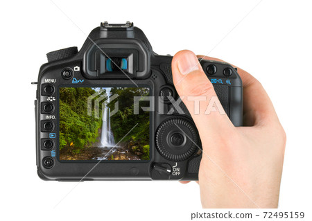 Hand with camera and Gitgit Waterfall in Bali Indonesia (my photo) Hand with camera and Gitgit Waterfall in Bali Indonesia (my photo) 72495159