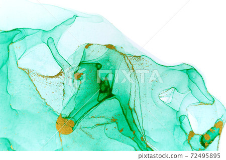 Alcohol ink green and gold abstract stains on white background. Drops watercolor transparent texture. Alcohol ink green and gold abstract stains on white background. Drops watercolor transparent texture. 72495895