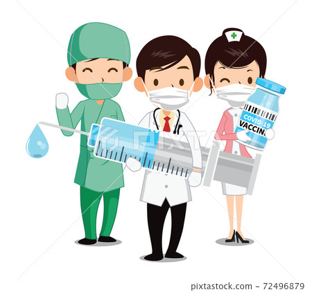 Coronavirus infection treatment, doctor holding a syringe and a nurse holding a vaccine Coronavirus infection treatment, doctor holding a syringe and a nurse holding a vaccine 72496879