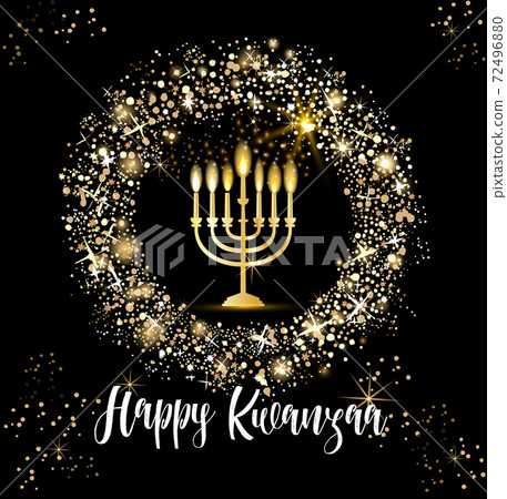 Banner for Kwanzaa with traditional candles representing the Seven Principles or Nguzo Saba. Gold glitters and lettering Happy Kwanzaa. Banner for Kwanzaa with traditional candles representing the Seven Principles or Nguzo Saba. Gold glitters and lettering Happy Kwanzaa. 72496880