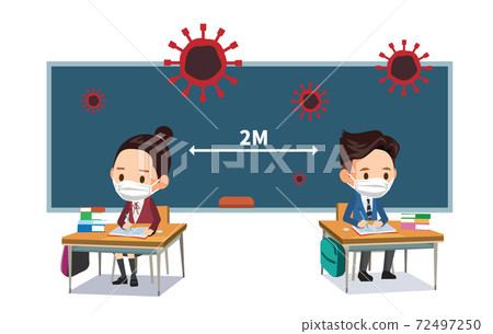 學生在教室裡學習時要戴口罩,以防感染 學生在教室裡學習時要戴口罩,以防感染 72497250