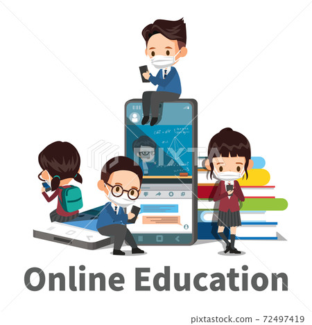 Male and female students wearing masks giving online lectures on smartphones to prevent coronavirus Male and female students wearing masks giving online lectures on smartphones to prevent coronavirus 72497419